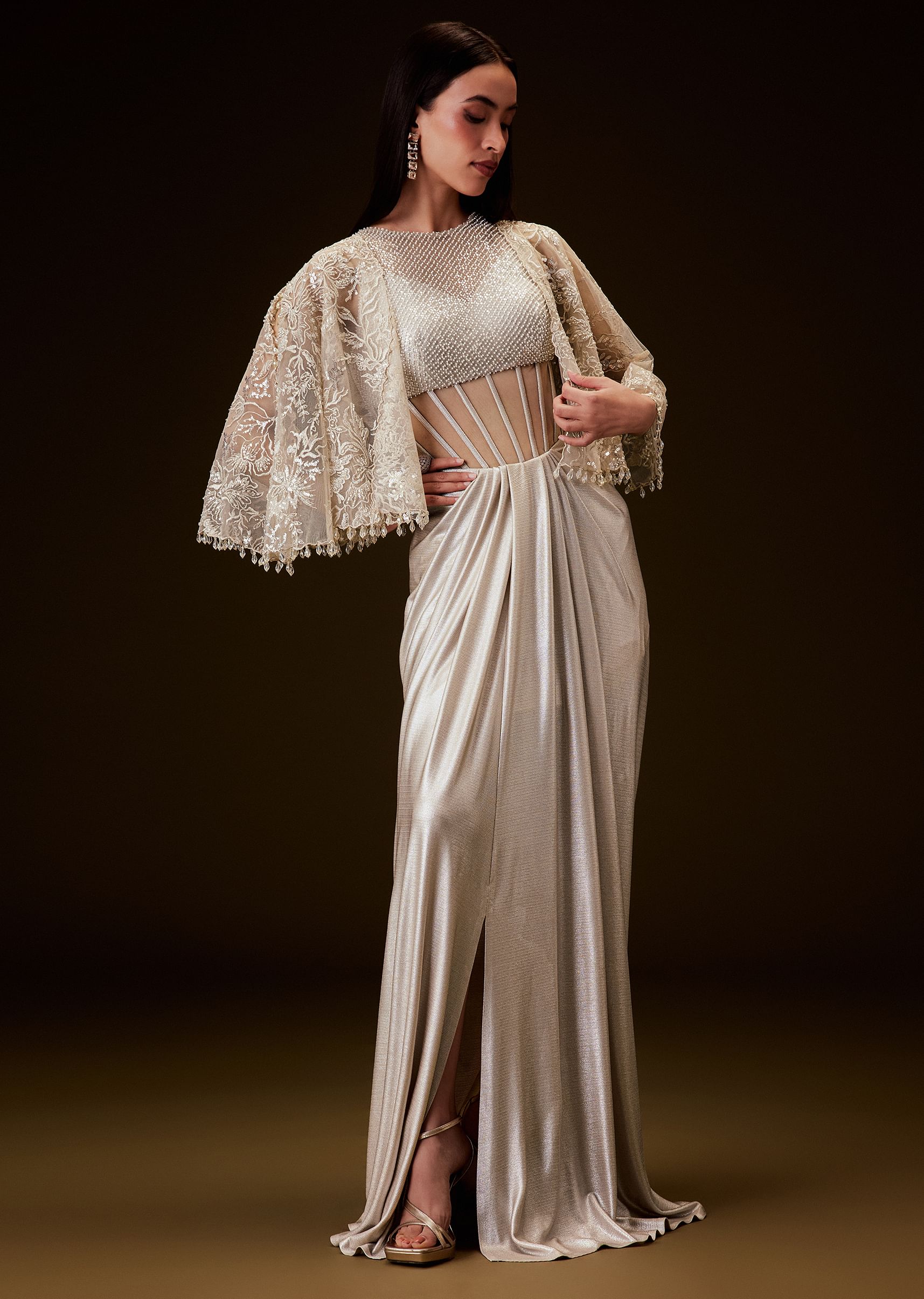 white and gold corset dress Off Gown With Sheer Waistline Embroidered Cape| KALKI Fashion Global _okendo:syndication_key:CL136769240