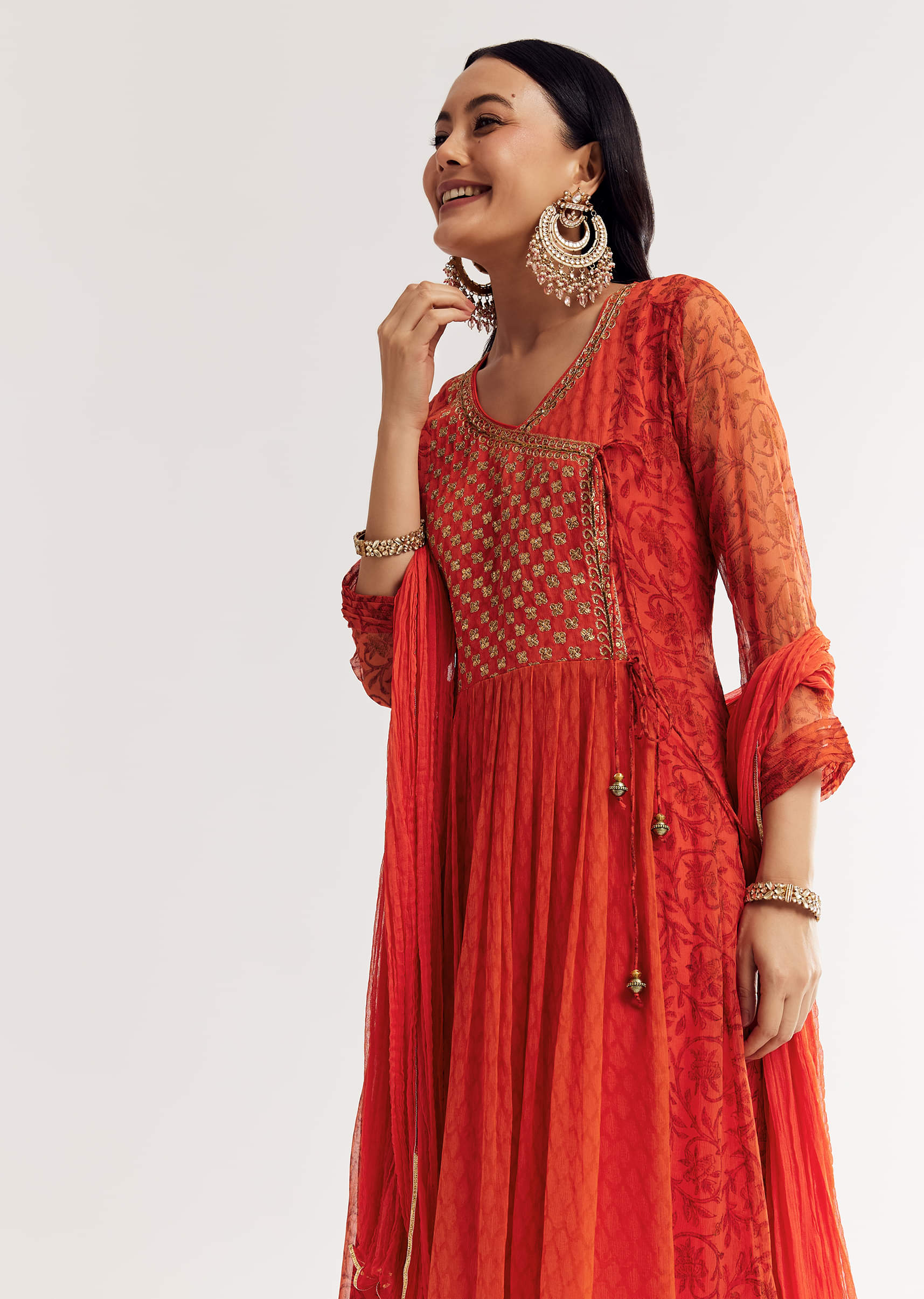 chiffon anarkali dress with dupatta Pink Pure Soft Lightweight Chiffon Bandhej Anarkali Suit Set With Huge   Bahu Palace