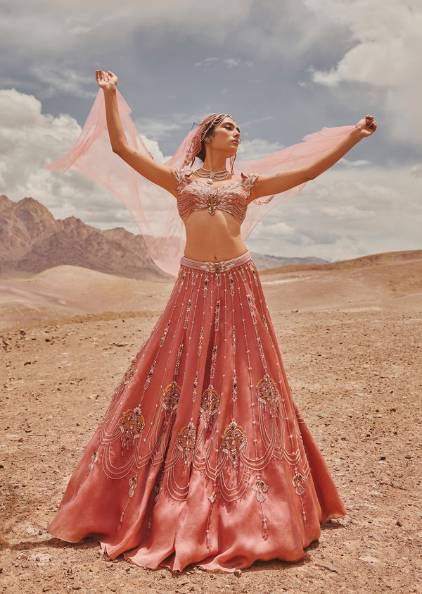 Rose Pink Hand Embroidered Satin Bridal Lehenga