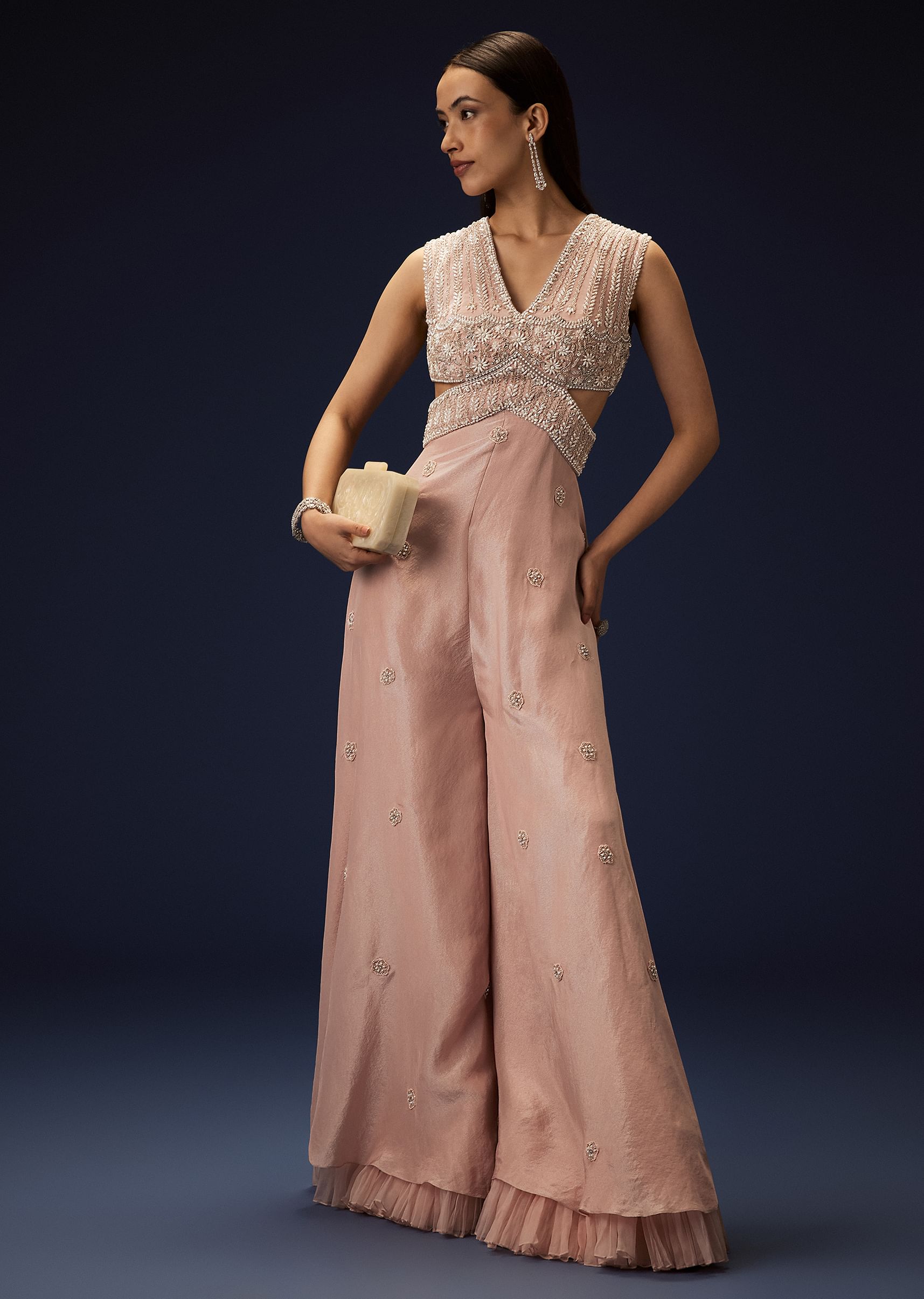 Flaming Peach Hand Embroidered Double Layer Jumpsuit| KALKI