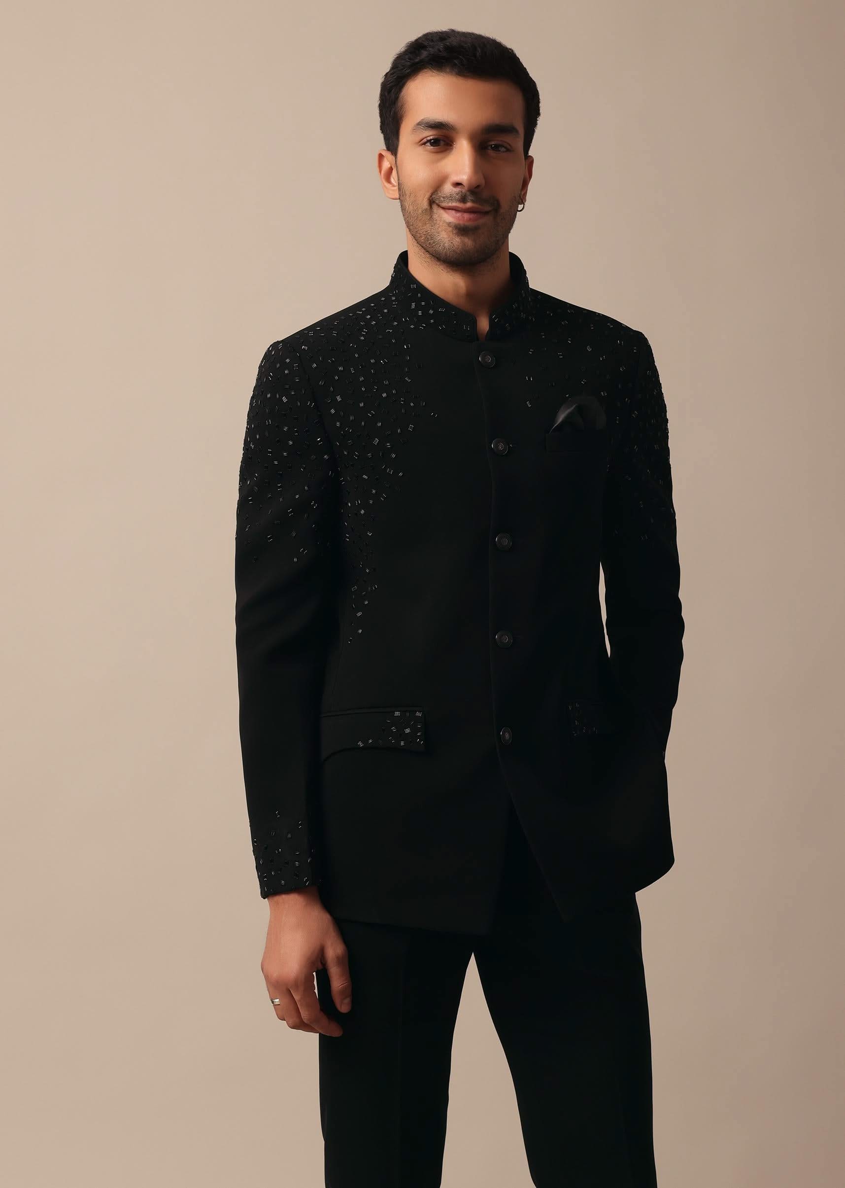 Sophisticated black textured Jodhpuri sherwani set