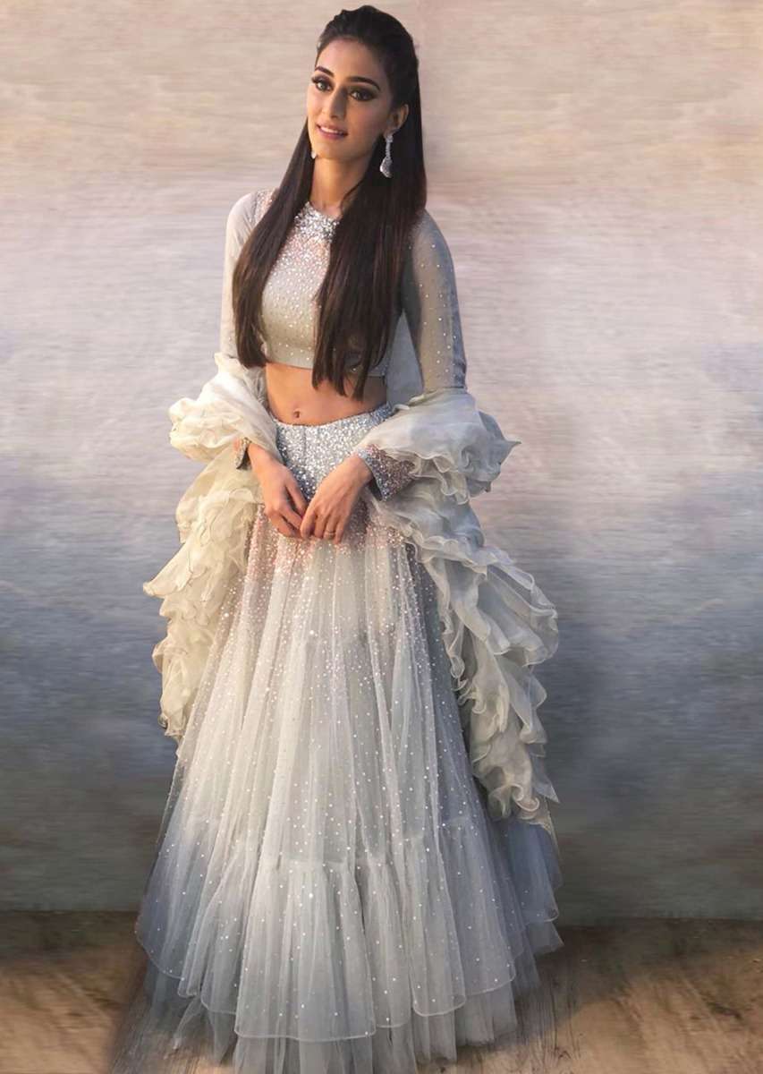 Erica Fernandes in Kalki grey sequins embroiderd lehenga set with ruffled organza dupatta