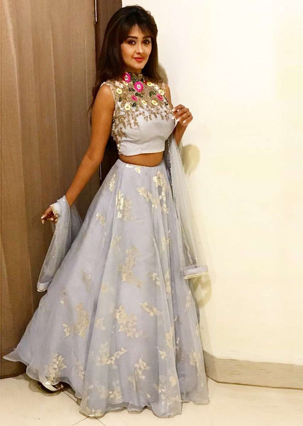 Blue Lehenga In Organza Paired With An Embroidered Net Blouse And Net Dupatta Online - Kalki Fashion