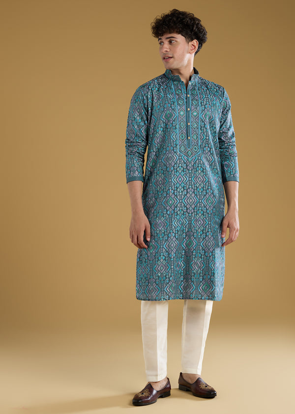 Blue Resham Motif Mens Kurta Pant Set in Silk