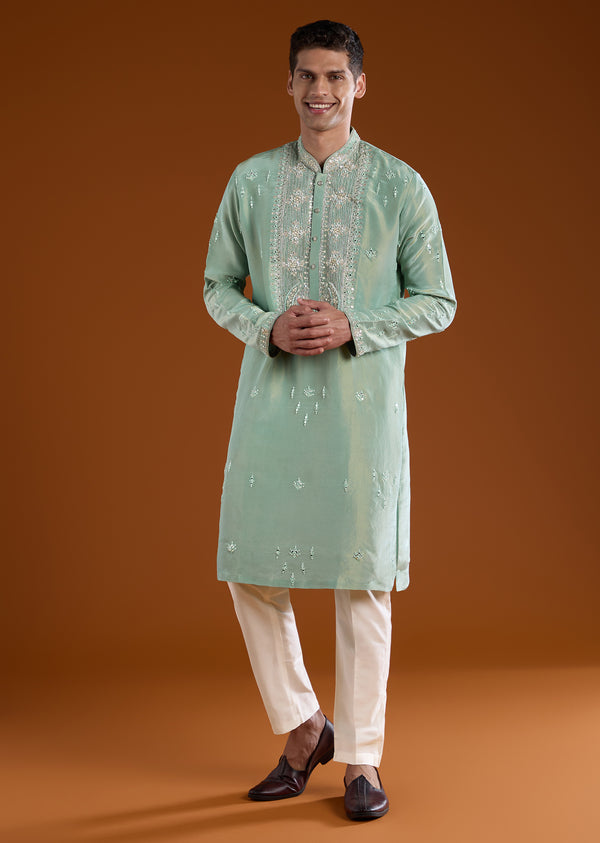 Green Tissue Kurta Set With Cutdana Yoke