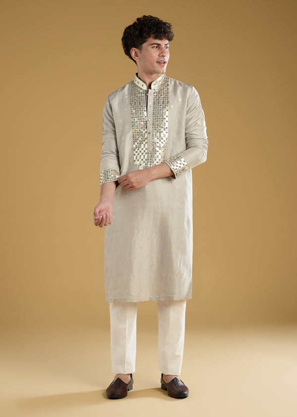 Grey Silk Leather Patch Embroiderd Kurta Set