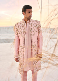 Dusky Pink Silk Sherwani Set With Hand Embroidered Floral Motifs