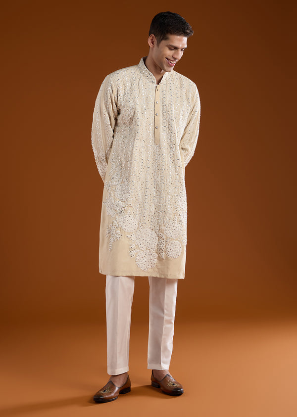 Light Beige Silk Embroidered Kurta Set