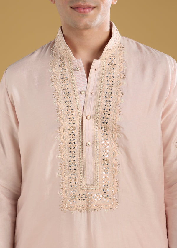 Light Pink Silk Mirror Threadwork Kurta Set