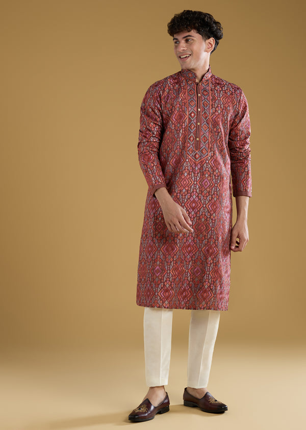 Red Silk Resham Motif Mens Kurta Pant Set