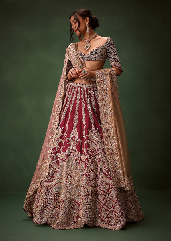 Maroon Raw Silk Lotus Embroidered Kali Lehenga Dupatta Set
