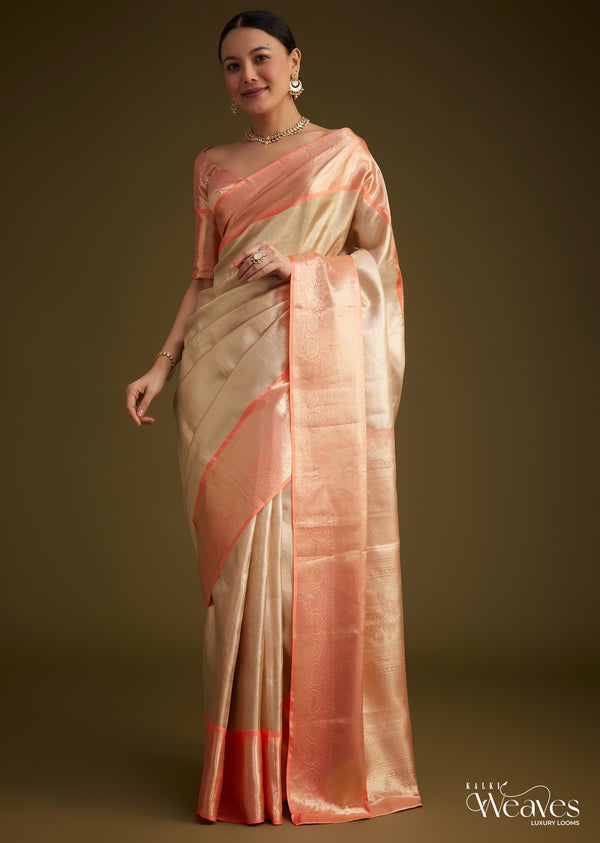 Cream Kanjivaram Silk Saree With Contrast Border And Pallu