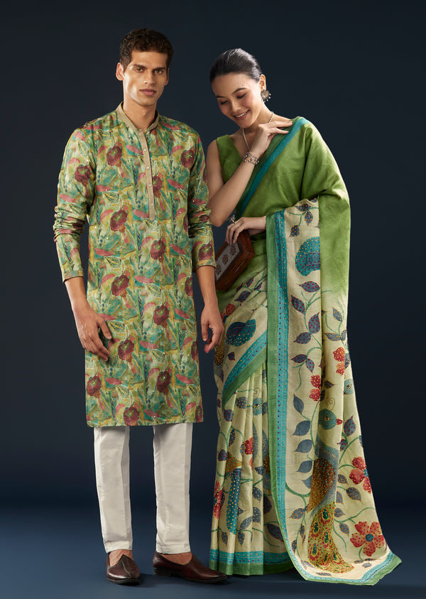 Artistic Green Festive Couple Set – Green Hand-Painted Cotton Saree For Her And Green Floral Silk Kurta Set For Him