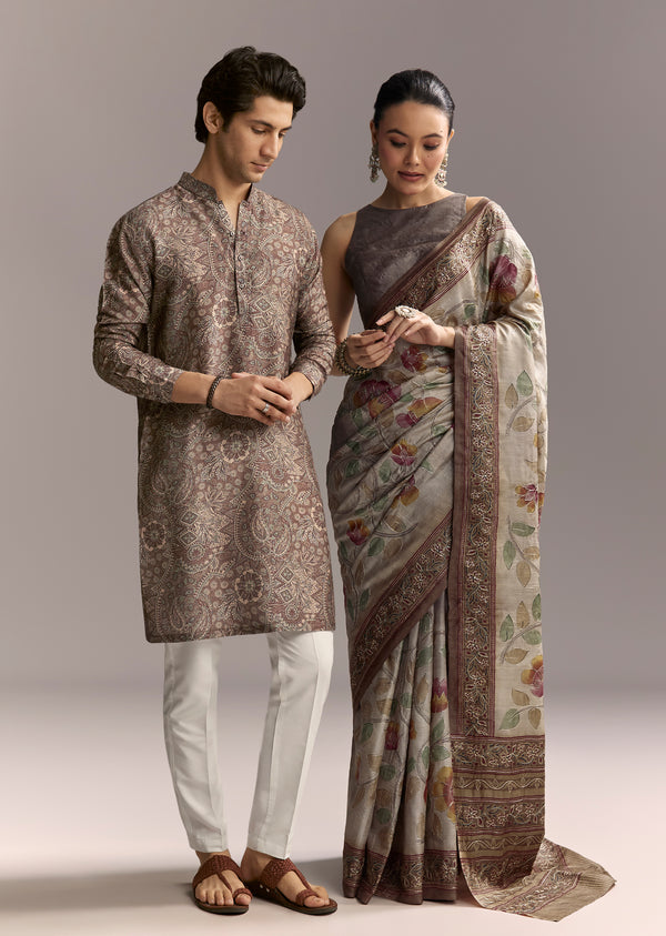 Earthy Grey Artistic Couple Set – Grey Hand-Painted Cotton Saree For Her And Taupe Brown Printed Silk Kurta For Him