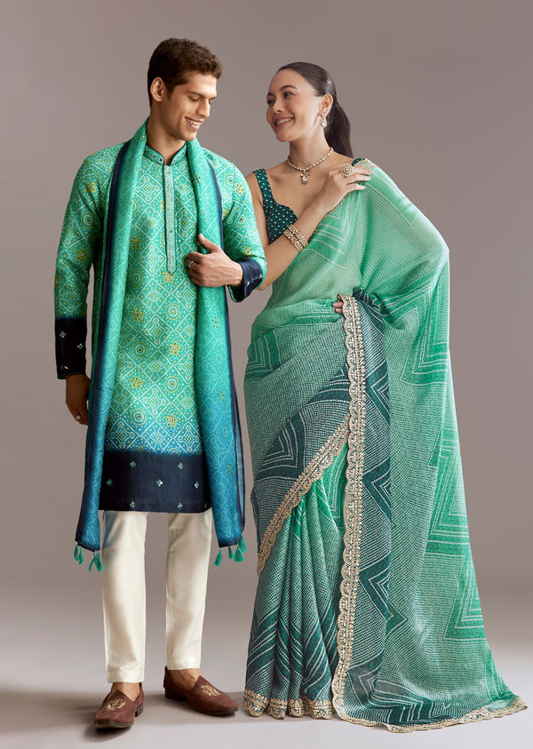 Vibrant Ombre Couple Set – Green Satin Ombre Saree With Gota Patti Embroidery For Her And Green Bandhani Kurta Set With Dupatta For Him