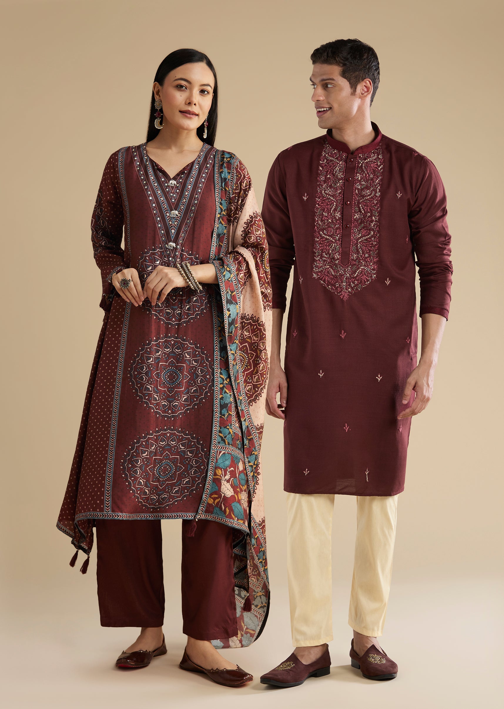 Maroon Silk Celebration Duo – Printed Silk Kurta Pant Set For Her And Maroon Casual Kurta Set For Him