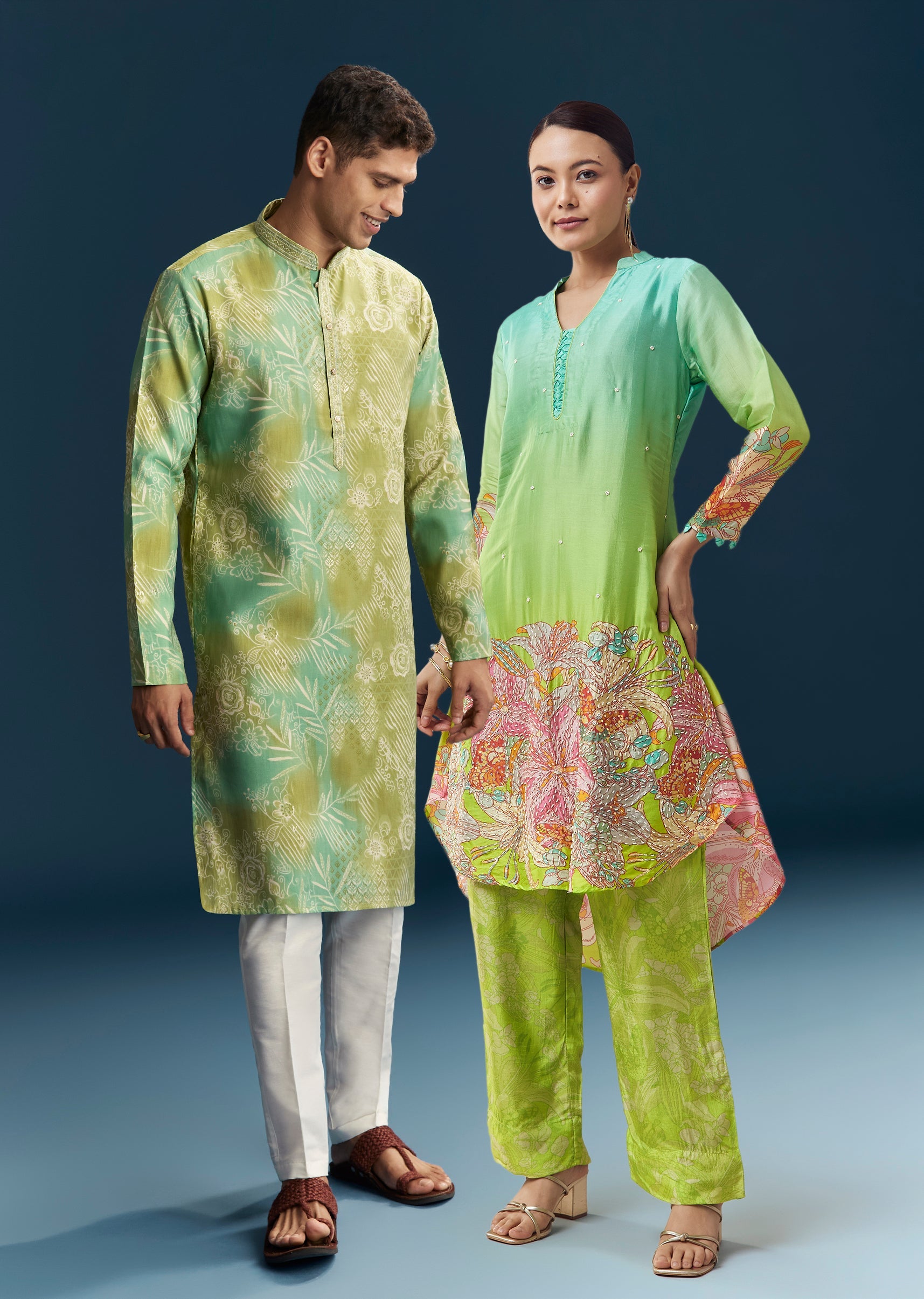 Elegant Green Silk Couple Set – Ombre Green Silk Coord Set For Her And Green Silk Printed Kurta Set For Him