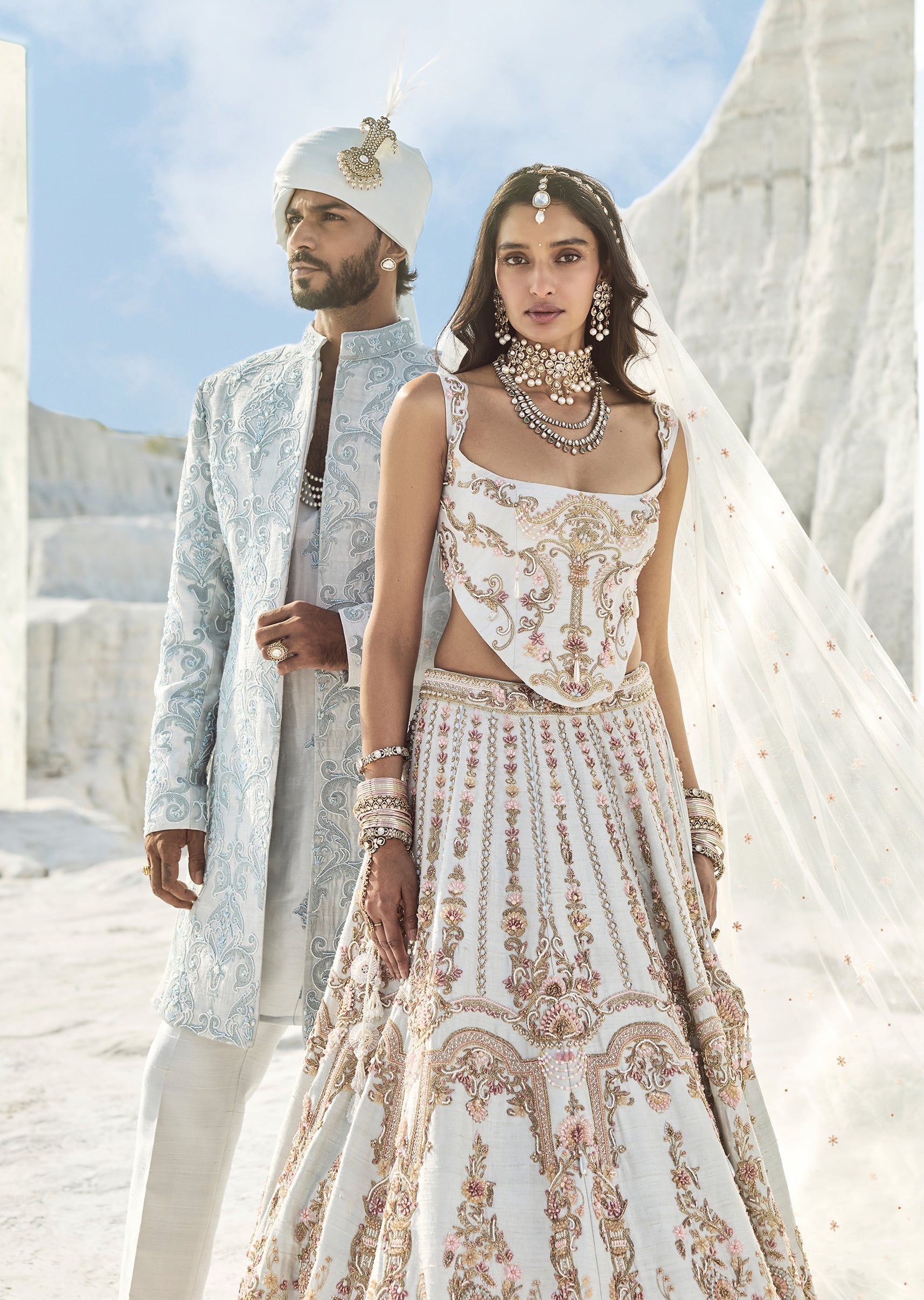 Ivory & Powder Blue Duo — Bridal Lehenga For Her And Sherwani For Him