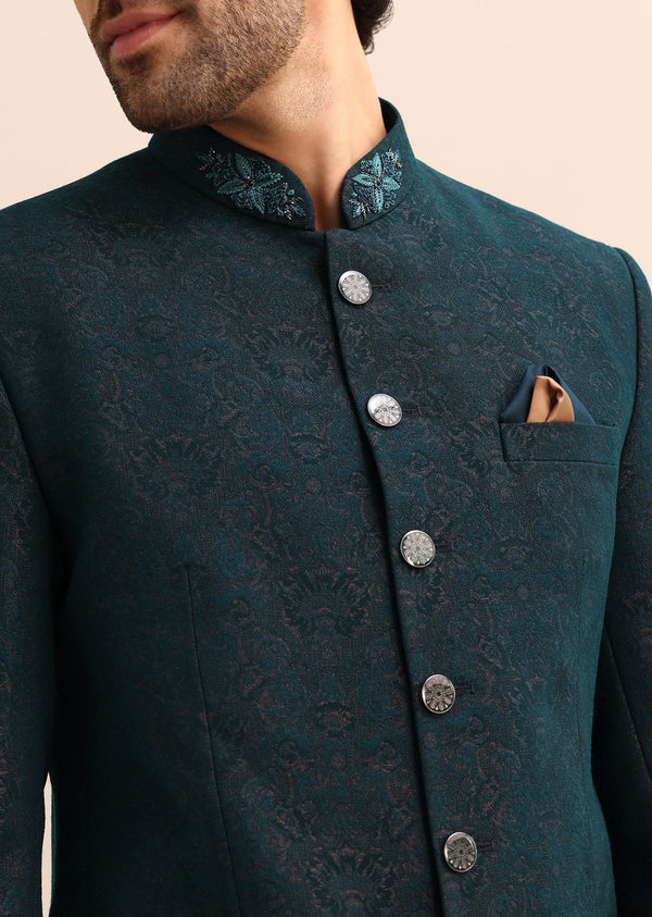 Teal Blue Jodhpuri Suit With Cutdana Work
