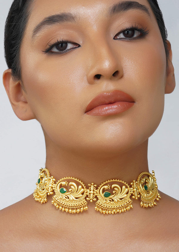 Antique Gold Mix Metal Choker Necklace With Green Accents