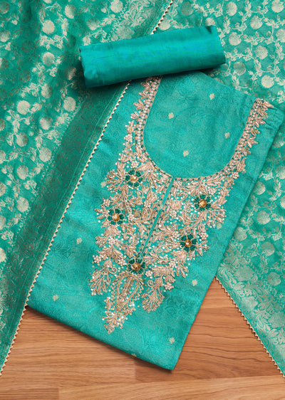 Aqua Blue Jacquard Unstitched Suit Set