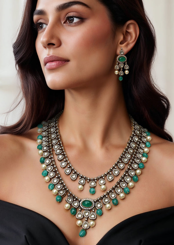Aqua Blue Layered Modern Polki And Pendant Necklace Set