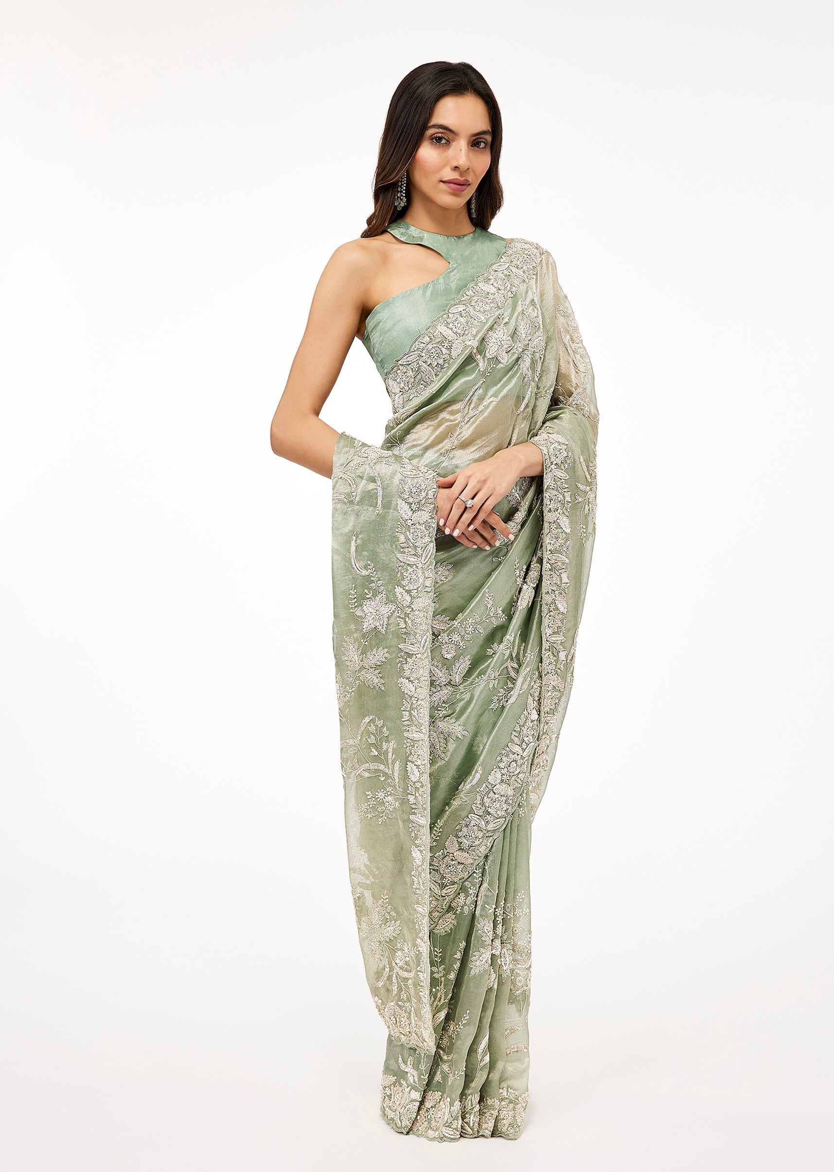 Aqua Blue Tissue Saree With All Over Embroidery
