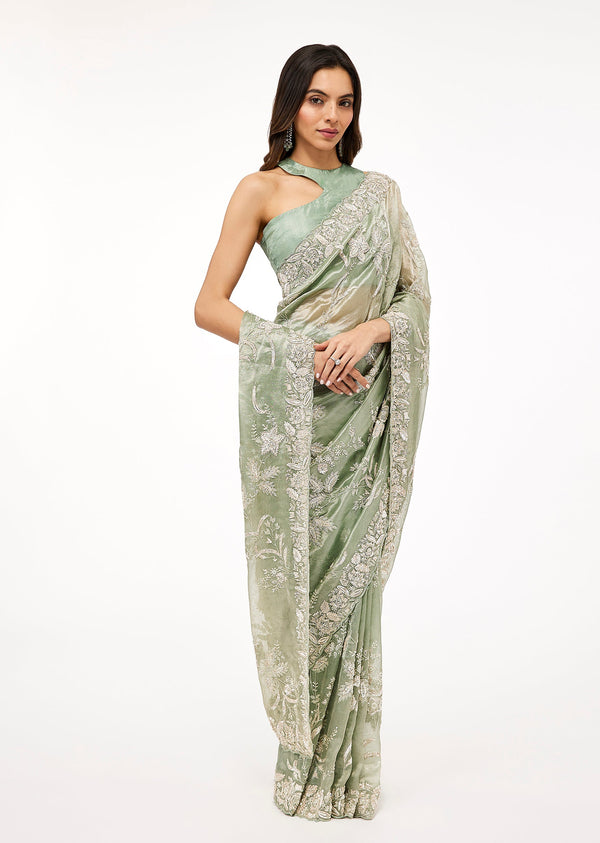 Aqua Blue Tissue Saree With All Over Embroidery