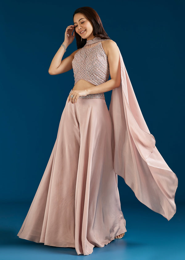 Baby Pink Embellished Crop Top Palazzo Set With Dupatta