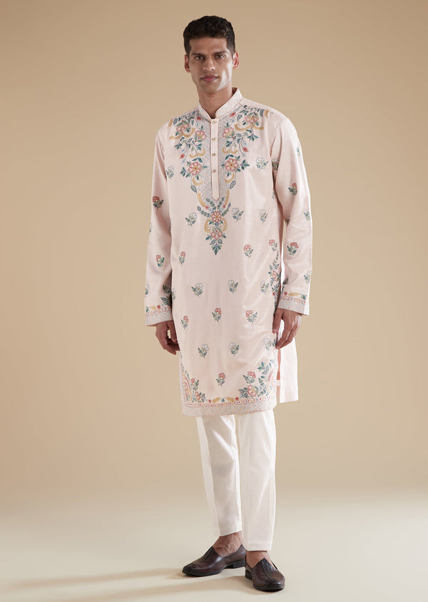 Baby Pink Modal Mens Kurta Set with Thread Resham Detail Work