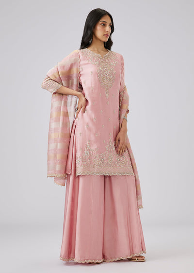 Baby Pink Satin Butti Embroidered Palazzo Suit