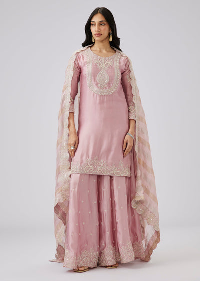Bbay Pink Satin Heavy Embroidered Palazzo Suit