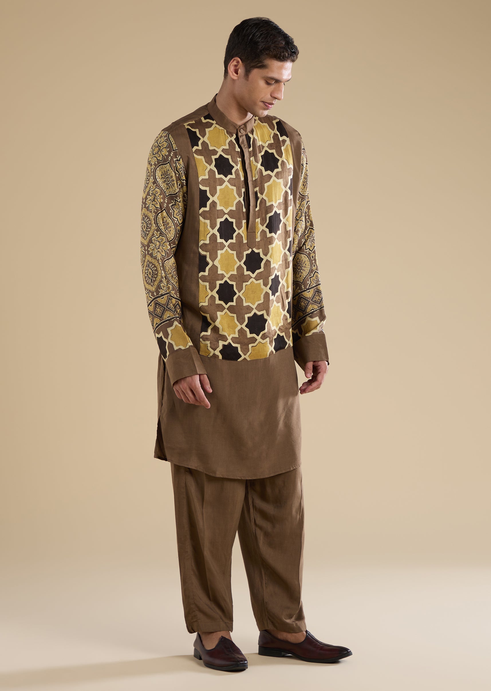 Beige Ajrakh Printed Kurta Set