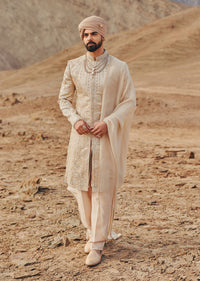 Beige Brocade Sherwani With Tonal Hand Embroidery