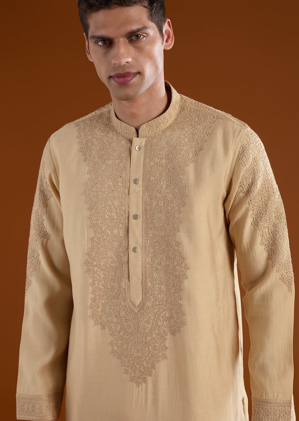 Beige Chanderi Silk Embroidered Kurta Set