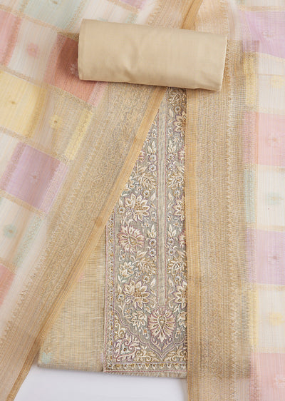 Beige Cotton Resham Thread Embroidered Dress Material Set