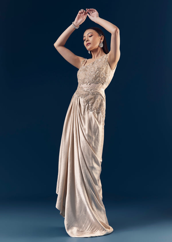 Beige Embellished Satin Draped Gown