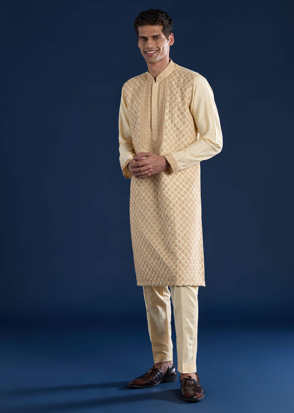 Beige Heavy Hand Work Banarsi Silk Kurta And Pant Set