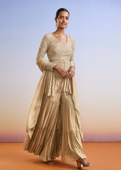 Beige Embroidered Chinon Peplum Sharara Suit With Dupatta