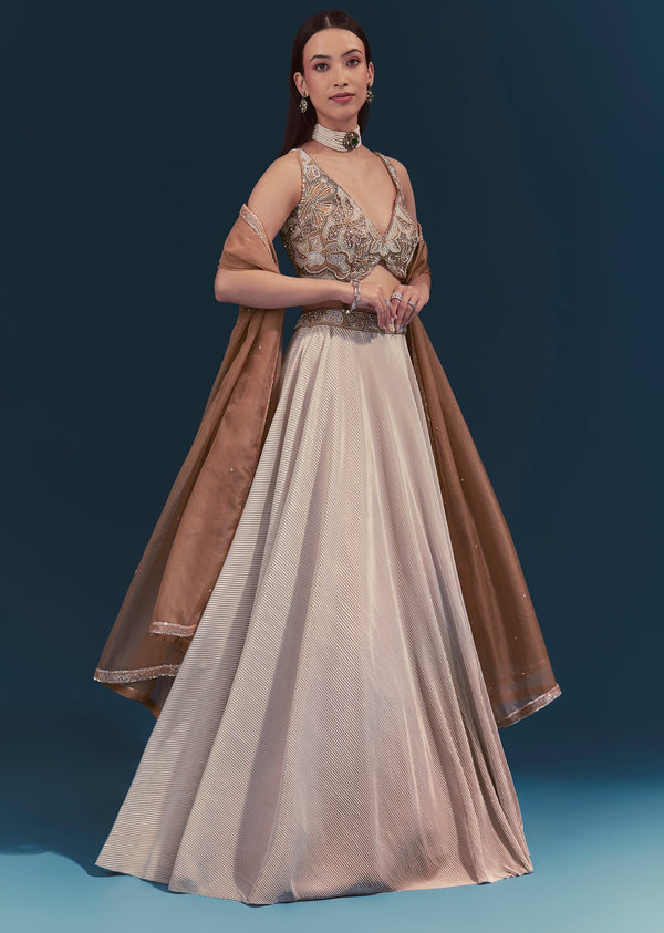 Beige Embroidered Lehenga Set With Dupatta