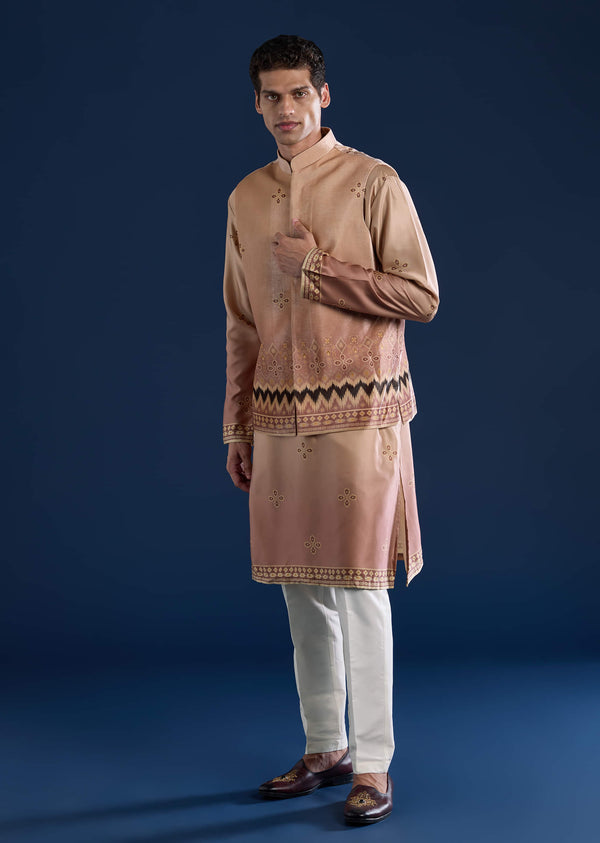Beige Geometric Print Velvet Jacket and Ombre Kurta Set