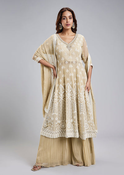 Beige Georgette Lucknowi Anarkali Set With Dupatta