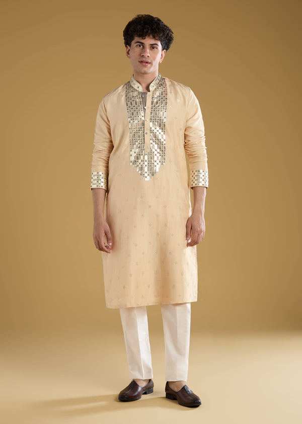 Beige Mens Kurta Set With Beads Metal Leather And Zari Work