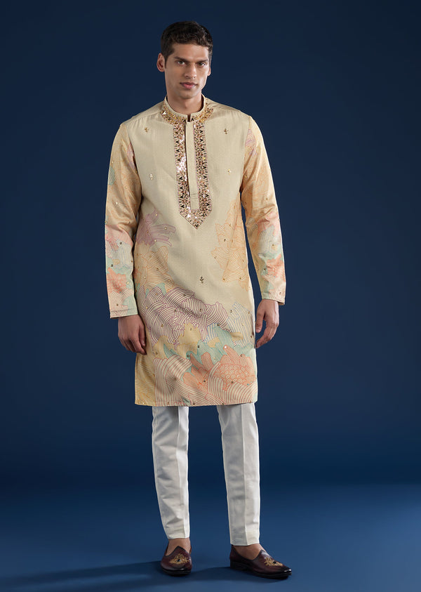 Beige Mirror Work With Kurta Sets