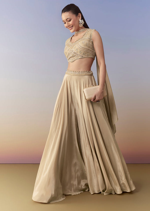 Beige Moti Work Crop Top Palazzo and Dupatta Set