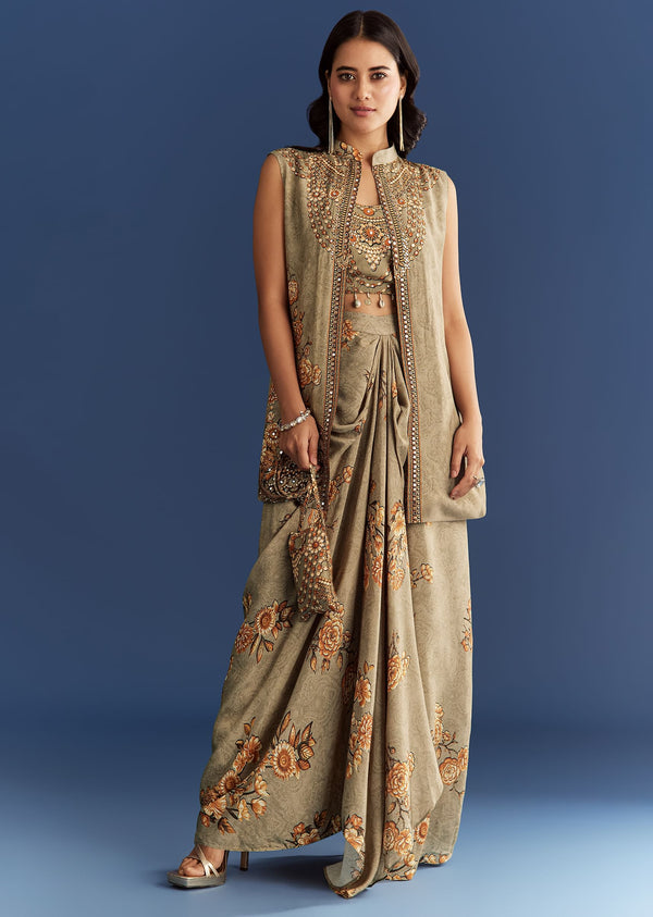 Beige Muslin Croptop Set With Floral Printed Skirt Jacket