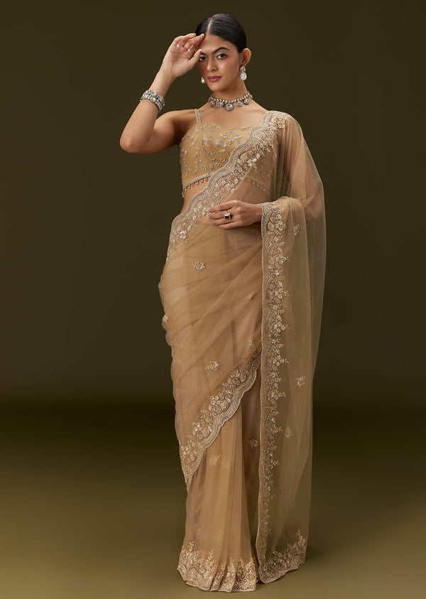 Beige Net Saree With All Over Heavy Embroidery