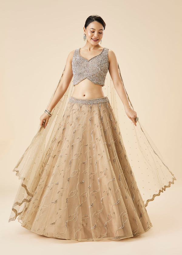 Beige Pastel Embroidered Lehenga Set With Dupatta