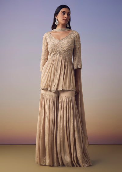 Beige Peplum Kurta Sharara Set