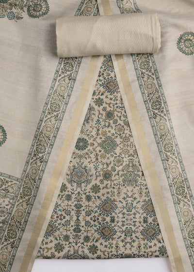 Beige Printed Dola Silk Unstitched Suit Set With Dupatta